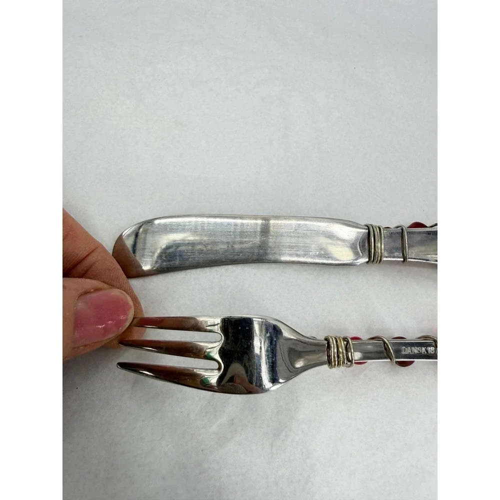 Wire Wrapped Beaded Fork & Knife Appetizer Flatware Set Red Elegant Tableware